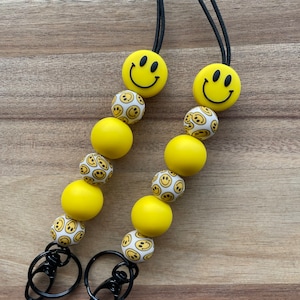 Bright, happy, yellow, cheerful smiley face silicone beaded teacher lanyard for keys, badge, ID for student teacher, counselor, school