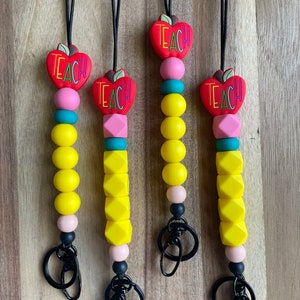 Ticonderoga Pencil Inspired with TEACH rainbow letters apple on top stretchy breakaway silicone beaded lanyard for keys, badge, ID!