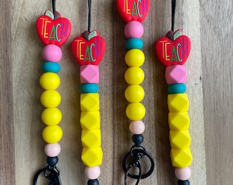 Ticonderoga Pencil Inspired with TEACH rainbow letters apple on top stretchy breakaway silicone beaded lanyard for keys, badge, ID!