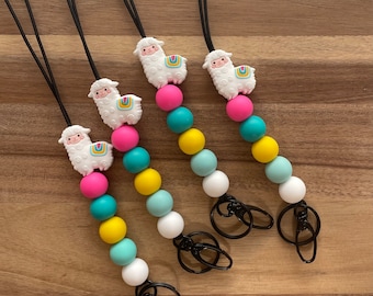 Rainbow Llama Silicone Bead Lanyard: Teacher ID Badge Key Chain
