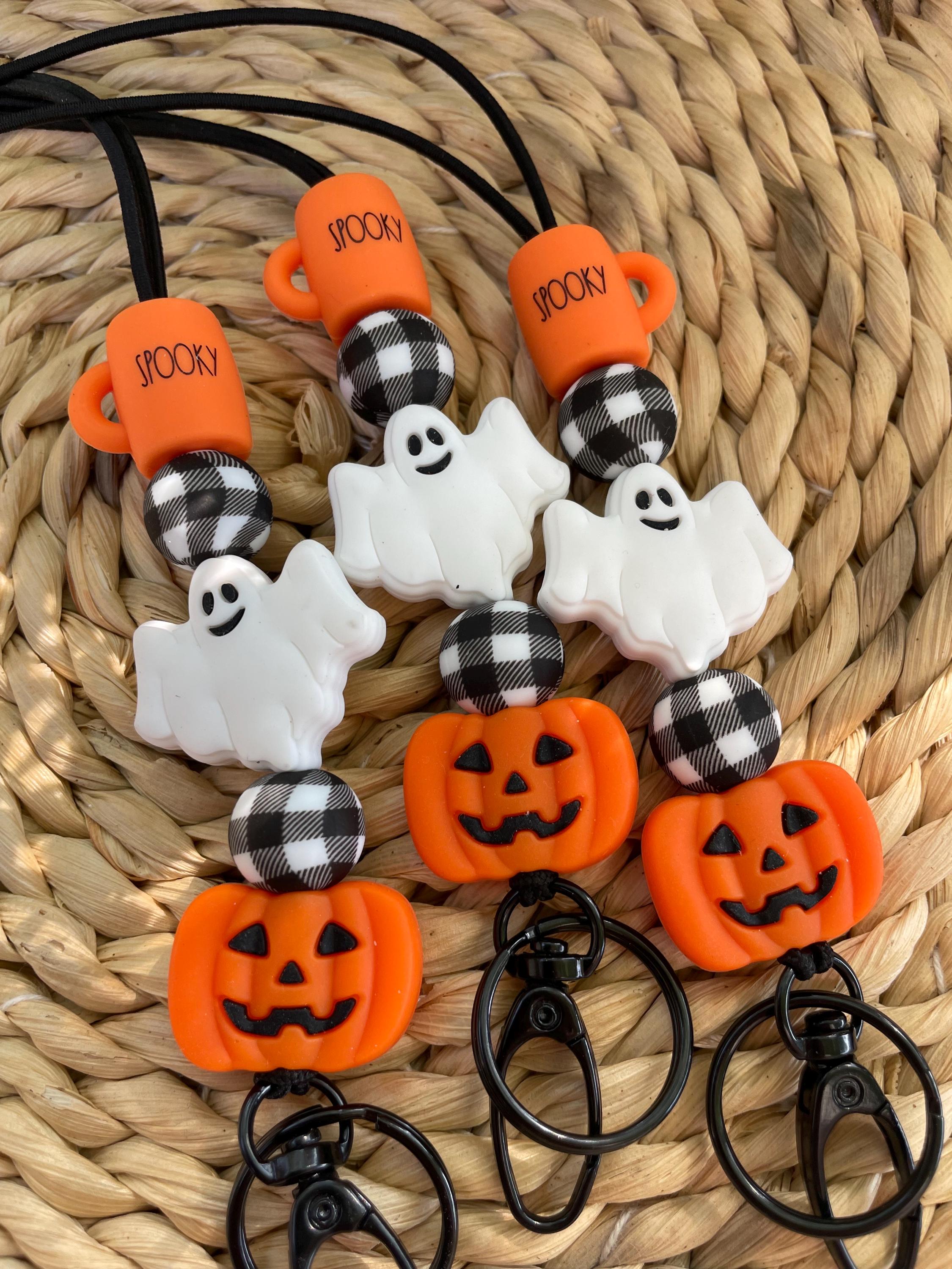 Spooky Mug coffee ghost jack-o-lantern stretchy, breakaway, silicone beaded lanyard for teachers, admin, for badge, ID, keys, whistle!
