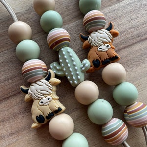 Sage green and taupe earth tones modern highland cow cactus Boho colors-Stretch Teacher Lanyard for therapist, counselor for keys and badge!
