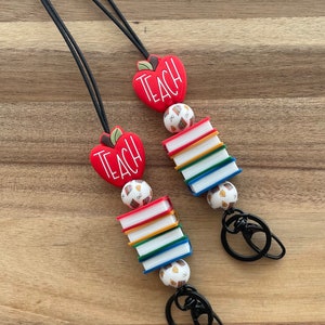 Cute teach apple with stacked books bookworm silicone beaded breakaway lanyard for teachers, librarians, media, counselors, ID badge, keys!
