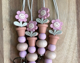Flower Pot Smiley Face Beaded Lanyard: Stretchy Silicone Key Chain