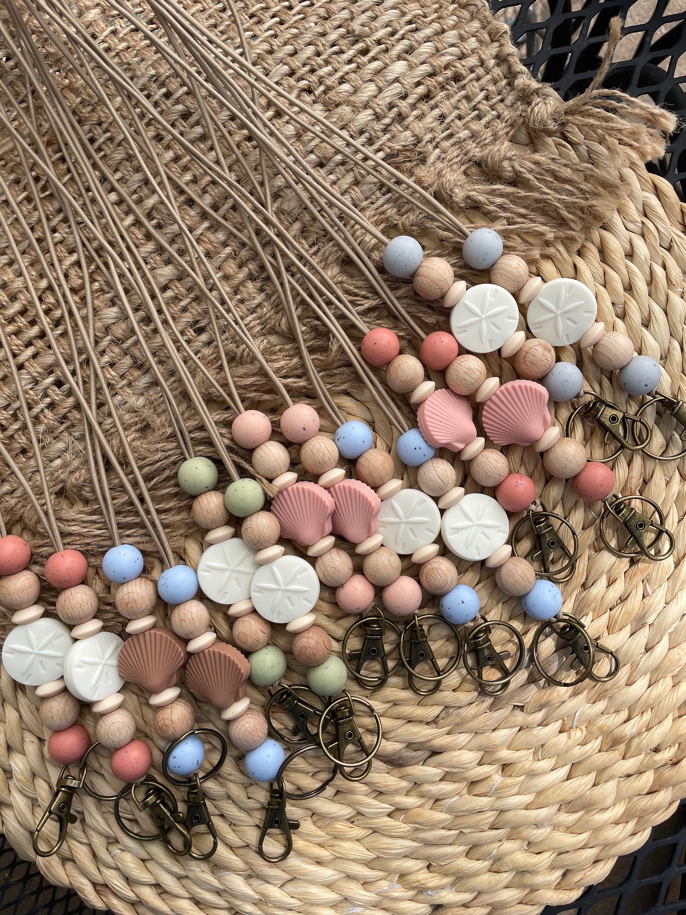 Beach Boho Silicone Beaded Lanyard: Sand Dollar Seashell Teacher ID Badge