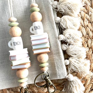 TEACH coffee cup mug boho colors stacked books beaded stretchy lanyard breakaway for teachers, librarians, counselors for ID badge, keys!