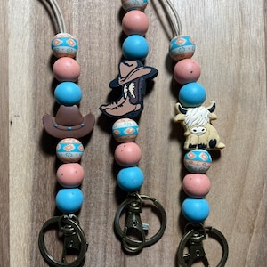Cowboy, highland cow, boots themed turquoise coral tribal silicone beaded teacher lanyard for keys, badge, ID, student teacher, counselor!