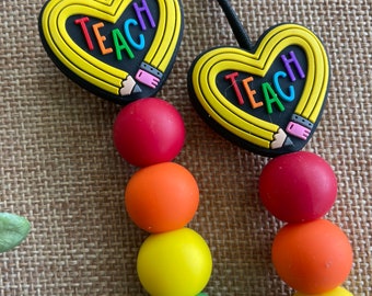 Heart Shaped Pencil Rainbow Silicone Teacher Lanyard for student teacher, school psychologist, counselor, for keys and badge-durable!