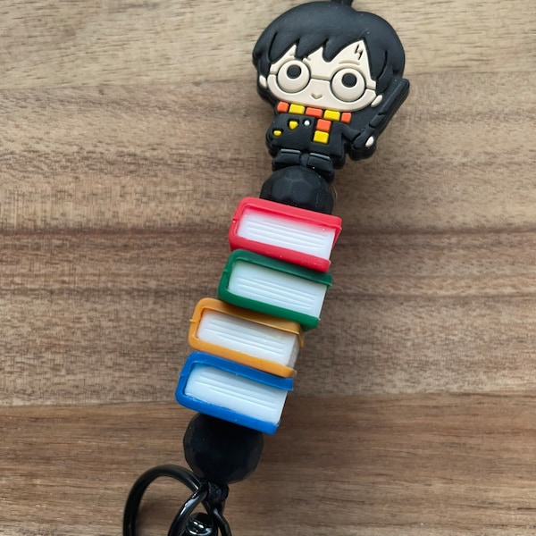 Stacked Books Lanyard, Teacher Librarian ID Badge, Breakaway Silicone Beaded Lanyard