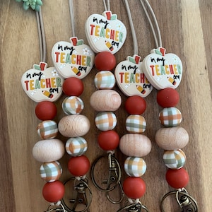 Boho Earthy Cozy Warm neutrals rust and plaid In My Teacher Era silicone and beechwood beaded stretchy Lanyard for keys and badge!