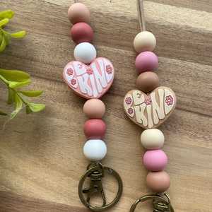 Boho retro pink peach taupe neutrals Be Kind heart silicone beaded teacher lanyard for keys, badge, ID for student teacher, counselor