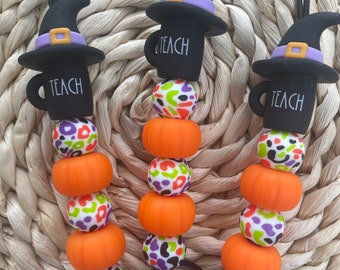 Halloween TEACH Mug with witch hat silicone beaded stretchy lanyard for teachers, college students, student teachers for badge, ID, keys!