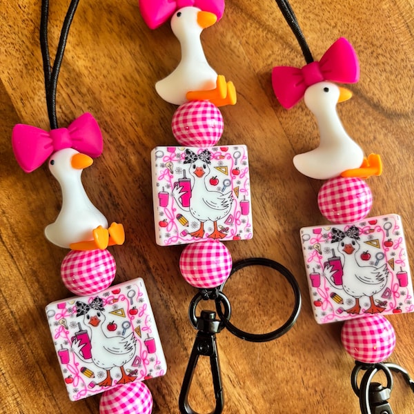 Silly Goose Teacher with Bow stretchy breakaway lanyard for  teachers, paraprofessionals, school for keys, ID and badge!