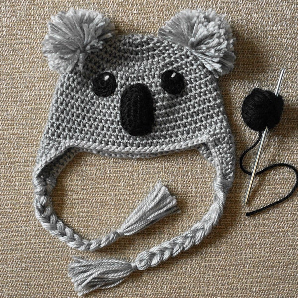 Koala Bear Crocheted Hat, Koala Hat for Newborn-12 Months, Koala Bear Winter Hat, Koala Bear Hat with Pom Poms