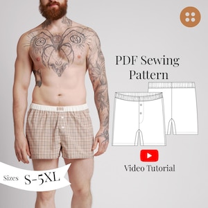 May include: PDF sewing pattern for boxer shorts with a video tutorial. The pattern includes sizes S-5XL. The image shows a line drawing of the boxer shorts.