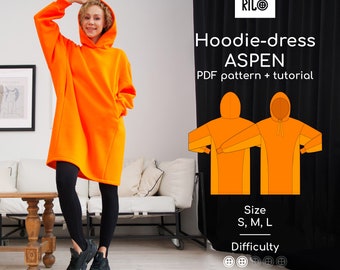 Hoodie oversized dress, woman dress Sewing Pattern PDF and Sewing Tutorial | Sizes S, M, L | Sports Dress digital pattern A4, A0, LETTER