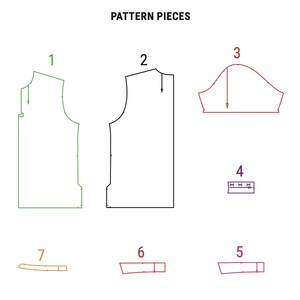 May include: A digital illustration titled PATTERN PIECES displaying seven distinct sewing pattern components labeled with numbers. The outlines are rendered in various colors including green, black, red, purple, and orange, featuring directional arrows.