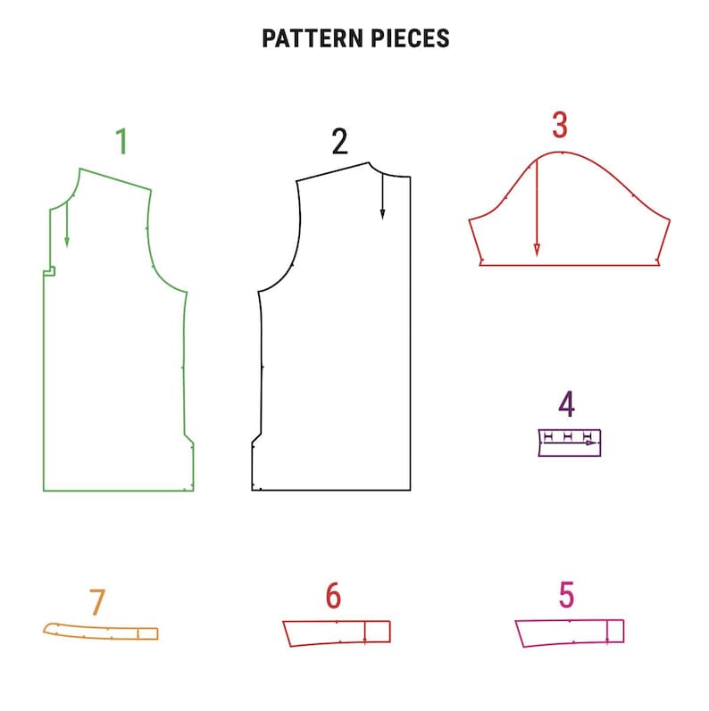 May include: A digital illustration titled PATTERN PIECES displaying seven distinct sewing pattern components labeled with numbers. The outlines are rendered in various colors including green, black, red, purple, and orange, featuring directional arrows.