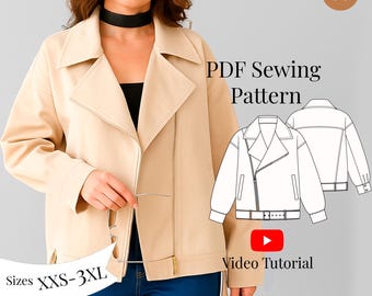 Biker Jacket Sewing Pattern + Video Tutorial)/ Sizes XXS-3XL