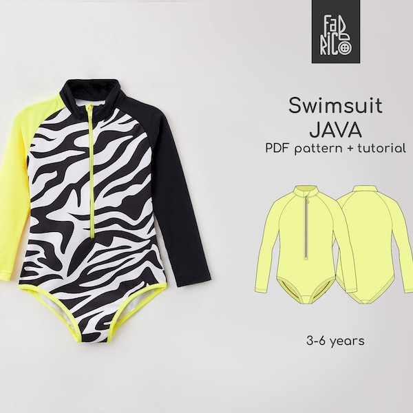 Girls Swimsuit pattern, Long Sleeve swimsuit sewing Pattern PDF, Sizes 3-6year