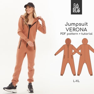 Jumpsuit women, Long Sleeve Jumpsuit zip up Pattern PDF, overalls women pattern / Sizes L, XL