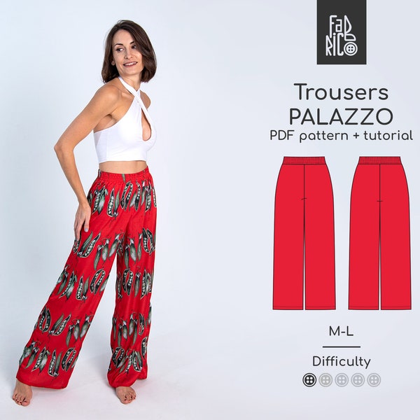 Wide Leg Palazzo Pants PDF Sewing pattern Sizes M-L/ Palazzo pants / Elastic waistband/ High waisted summer trousers/ Loose fit travel pants