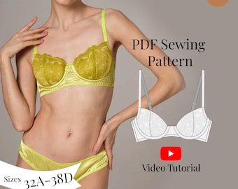 Lace padded bra PDF Sewing Pattern Sizes 70A–85D (32A–38D) Bra Sewing Pattern/  Lingerie pattern for Beginners/ Bra sewing pattern