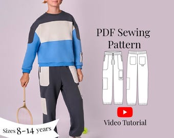 Kids Cargo Pants Sewing Pattern + Video Tutorial: Elastic Waist, Sizes 8-14 years