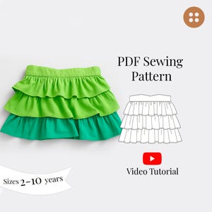 Kid&#39;s Flounce Skirt PDF Sewing Pattern Sizes 2-10 years/ Flounce mini skirt sewing pattern for kids/ Video Sewing Tutorial for beginners