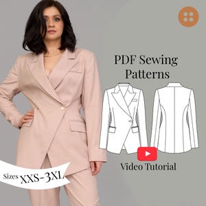 May include: A woman in a light pink blazer and trousers. The blazer features an asymmetrical cut and a single button. The image includes text: "PDF Sewing Patterns", "Video Tutorial", and "Sizes XXS-3XL".