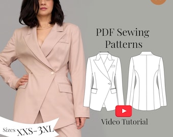 May include: A woman wearing a light pink blazer and matching pants. The blazer has an asymmetrical design with a single button closure. Text on the image reads "PDF Sewing Patterns", "Video Tutorial", and "Sizes XXS-3XL".