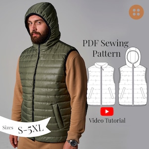 Men&#39;s Puffer Vest PDF Sewing Pattern Sizes S-5XL/ Quilted Vest pattern/ Padded Vest/ Hood and Collar vest pattern for beginners