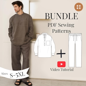 May include: A man wearing a brown linen Henley shirt and matching pants. The image includes a bundle graphic with PDF sewing patterns, a shirt and pants diagram, and a video tutorial icon. Sizes range from S to 5XL.