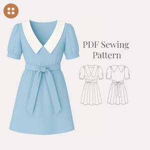 Puede incluir: Un patrón de costura PDF para un vestido azul claro con cuello blanco y cinturón de lazo. El patrón incluye dos vistas del vestido, una con manga larga y otra con manga corta.