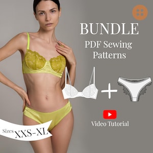 Könnte beinhalten: Eine Frau trägt ein chartreusefarbenes Dessous-Set mit Spitzendetails. Das Bild enthält eine Zeichnung des Dessous-Sets und den Text "BUNDLE PDF Sewing Patterns" und "Video Tutorial". Verfügbare Größen sind XXS-XL.