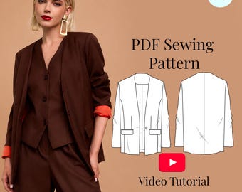 Collarless Blazer Sewing Pattern XXS-3XL: Women's Jacket  (PDF Pattern+Video Tutorial)