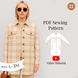 Może przedstawiać: Wzór szycia PDF na długą koszulę w kratę. Wzór zawiera rozmiary L-3XL i samouczek wideo.