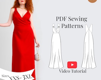 Patron de couture de robe portefeuille de soirée : adapté aux débutants, XXS-3XL (patron PDF + didacticiel vidéo)