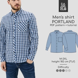 Men's shirt Sewing Pattern PDF and Sewing Tutorial / Sizes M - 2XL, height 182 cm