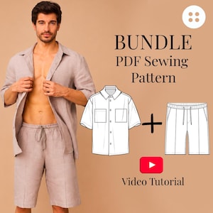 Patrón de costura para conjunto de lino para hombre / Camisa con cuello tipo campamento + pantalón corto (tallas S-5XL) / PDF + videotutorial