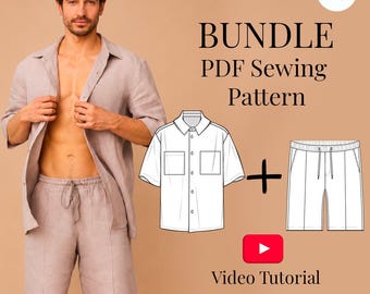 Patron de couture pour ensemble homme en lin / Chemise à col cubain + short (tailles S à 5XL) / PDF + tutoriel vidéo