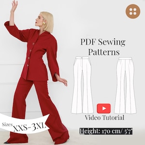 May include: A woman models a red suit, comprising a blazer and flared trousers, beside a PDF sewing pattern illustration. Text includes "PDF Sewing Patterns," "Video Tutorial," and "Sizes XXS-3XL." The height is given as 170 cm / 5'7".