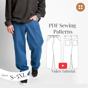Puede incluir: Vaqueros azules de mezclilla con un corte holgado, mostrados en una persona. La imagen también incluye un dibujo lineal de los vaqueros y el texto "PDF Sewing Patterns", "Tallas S-5XL" y "Video Tutorial".