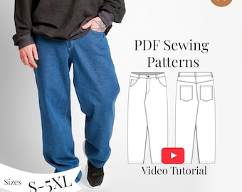 Könnte beinhalten: Blaue Jeans aus Denim mit lockerer Passform, gezeigt an einer Person. Das Bild enthält auch eine Strichzeichnung der Jeans und den Text "PDF Sewing Patterns", "Größen S-5XL" und "Video Tutorial".