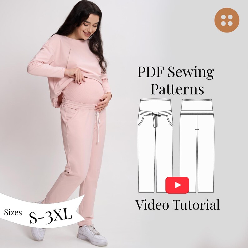 Pregnancy pants PDF sewing pattern sizes S-3XL with VIDEO tutorial.
Pants for pregnant women feature an elastic inserter, pockets in the side seams, an elasticated waistband with a drawstring.
• Elastic belly panel gently supports a growing bump.
• Side seam pockets for everyday convenience.
• Stretch waistband with a drawstring for flexible fit.
• Loose, comfortable cut for all stages of pregnancy.
• Seam allowances included in all sizes.
