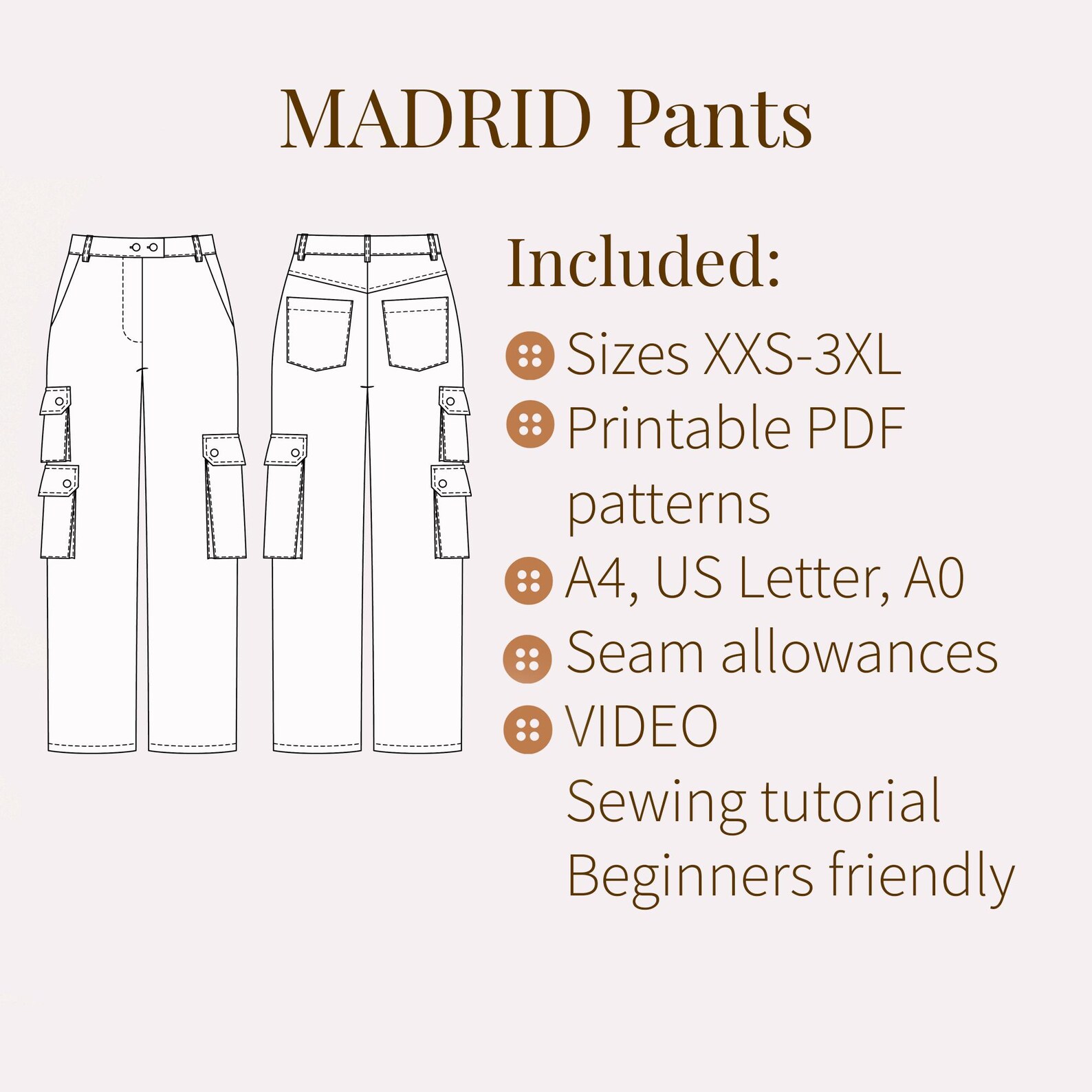 Women's Zippered Cargo Pants Sewing Pattern Sizes XXS-3XL (PDF Pattern ...