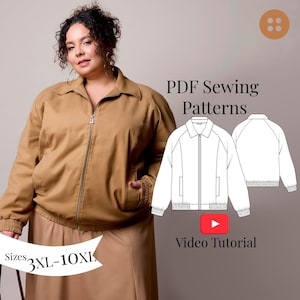 Op de afbeelding: Een bruine bomberjack met ritssluiting, gedragen door een persoon. De afbeelding bevat de tekst "PDF Sewing Patterns", "Video Tutorial" en de maatreeks "3XL-10XL". Een diagram van de jas is ook afgebeeld.