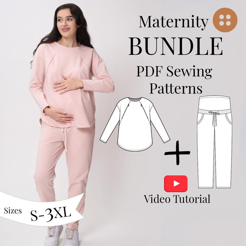 Maternity and Nursing Set PDF Sewing Pattern: Nursing Sweatshirt + Pants for Moms/ S-3XL/ Video Sewing Tutorial/ Patterns for pregnant women