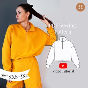Patrón de costura para sudadera de mujer moderna, tallas XXS a 3XL / Patrón PDF de sudadera corta, tallas EU 34-48 / Patrón de costura digital A4, A0, Carta
