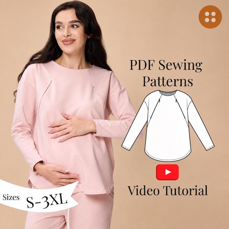 Maternity Nursing Sweatshirt Sewing Pattern PDF | Raglan Sleeve Nursing Top S-3XL | PDF + VIDEO tutorial.
 Sew a soft, relaxed raglan-sleeve sweatshirt with built-in zip nursing access — comfortable enough to wear throughout pregnancy and practical enough to keep using after baby arrives. A true two-in-one wardrobe staple that grows with you.

With a full step-by-step video tutorial included, you'll get a clean, professional finish — even as a beginner.